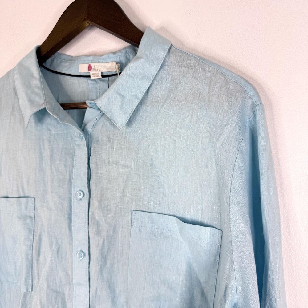 Boden Top 100% Linen Womens 14L Tall Sky Blue Button Up Long Sleeve Shirt